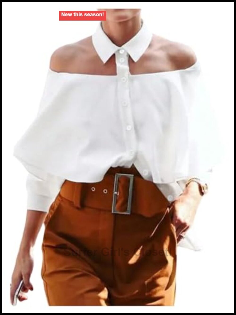 Women's Off The Shoulder Button Down Shirt 3/4 Sleeve Collared Blouse